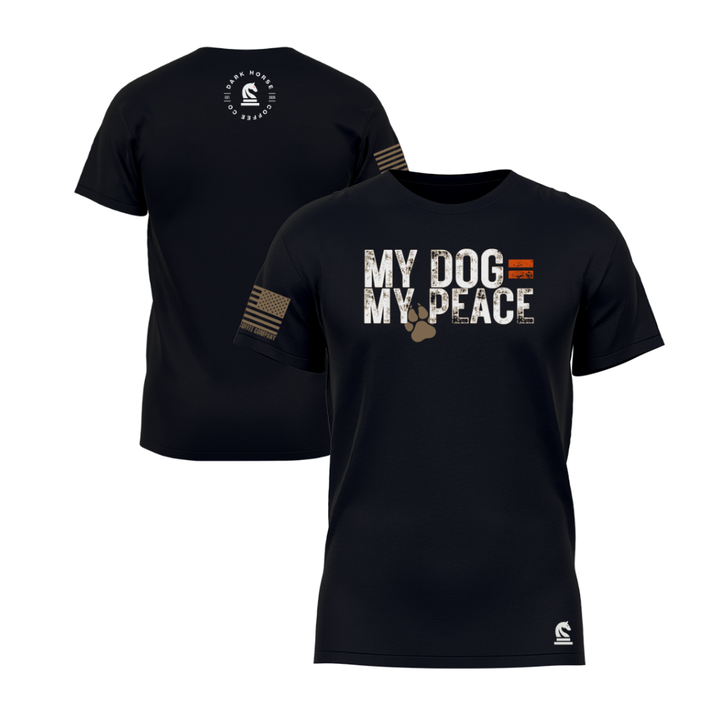 Black short sleeve t-shirt featuring the My Dog = My Peace design — a clean, classic dog-lover statement tee in solid black.