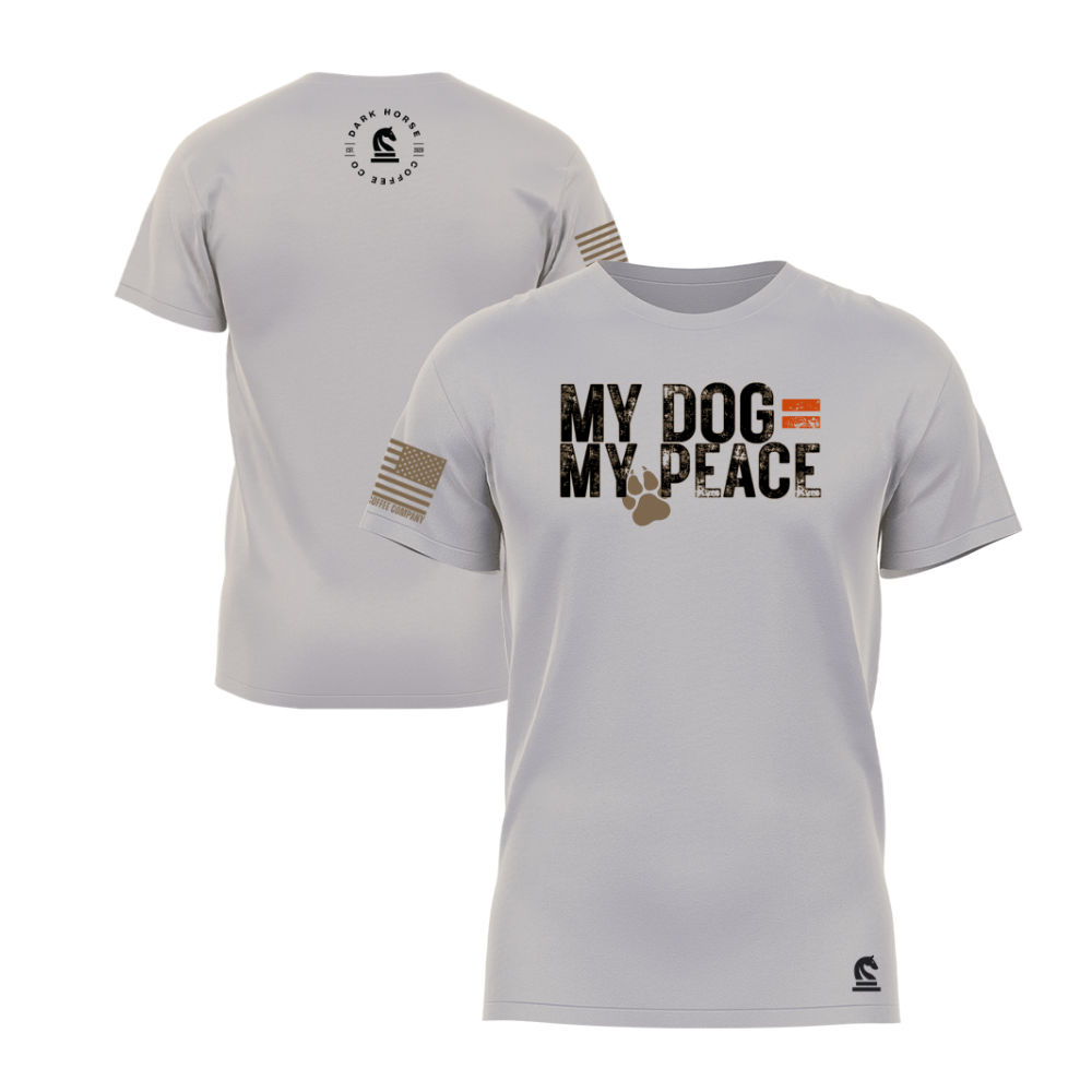 Light grey short sleeve t-shirt featuring the My Dog = My Peace design — a soft heather tee for everyday dog-lover wear.