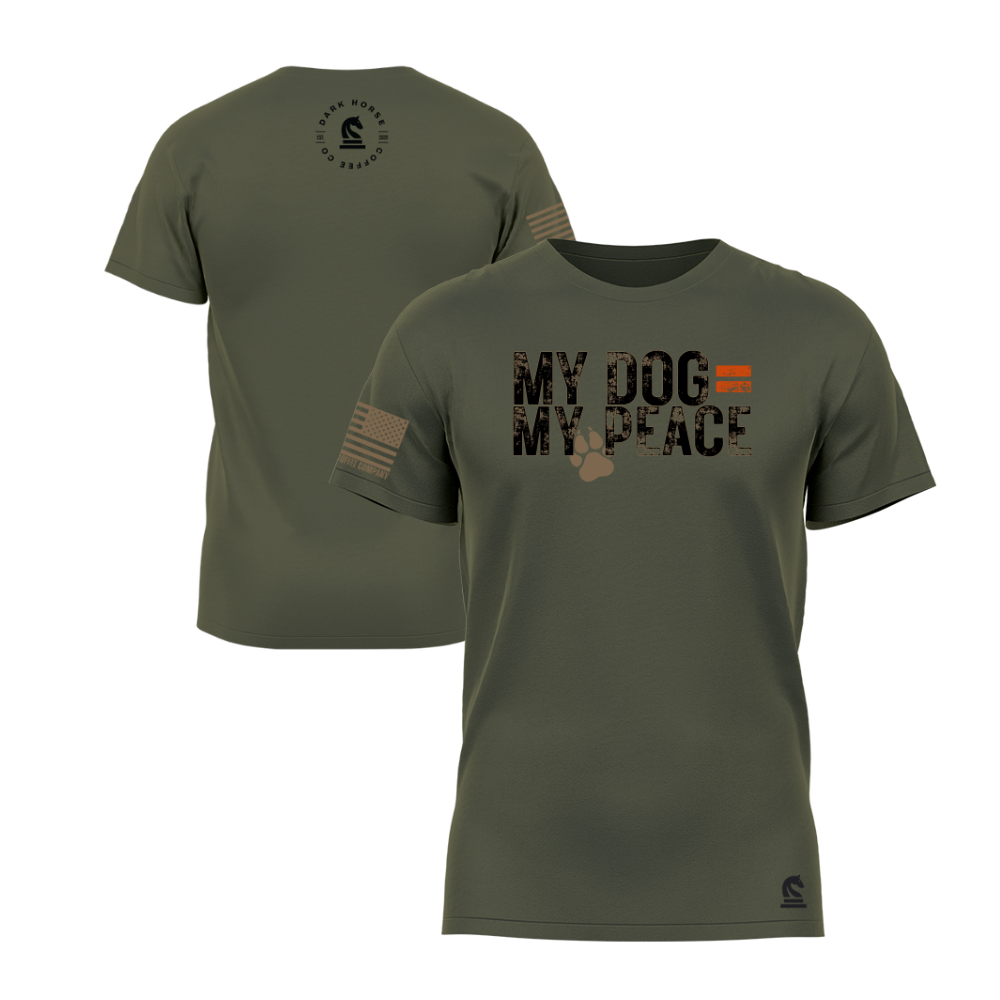 Military green short sleeve t-shirt featuring the My Dog = My Peace design — a calm, dog-lover statement tee in deep olive green.