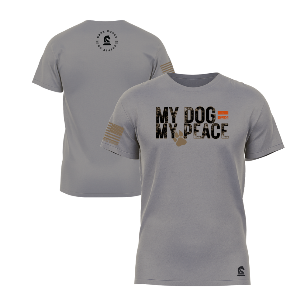 Warm grey short sleeve t-shirt featuring the My Dog = My Peace design — a neutral earth-tone tee for dog owners who keep it simple.
