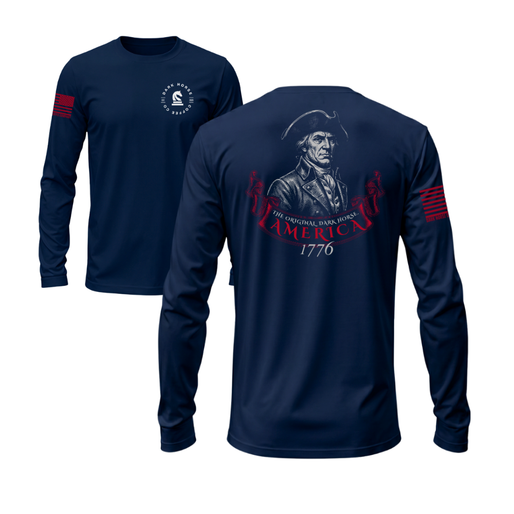The Original Dark Horse Midnight Navy long sleeve t-shirt featuring the The Original Dark Horse design — designed and printed in Florida by an American-owned small business.
