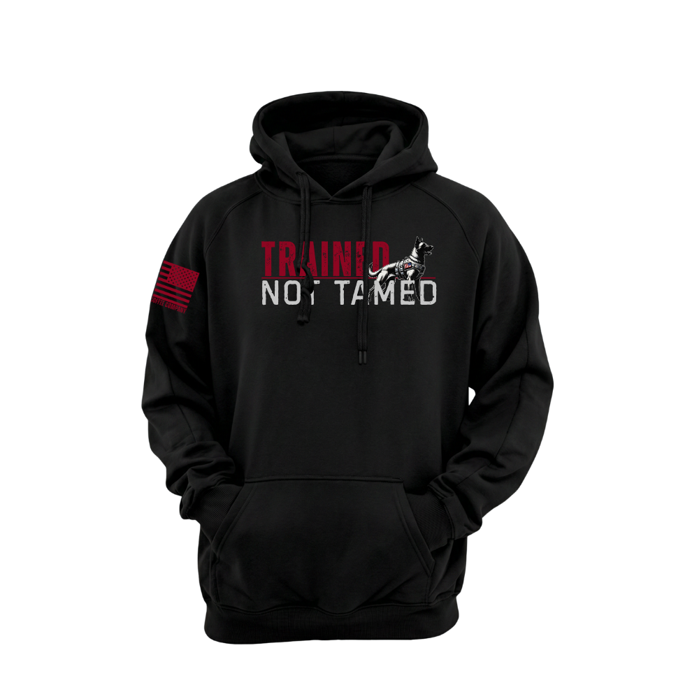 Trained Not Tamed Black pullover hoodie featuring the Trained Not Tamed design — heavyweight fleece, roomy hood, kangaroo pocket.