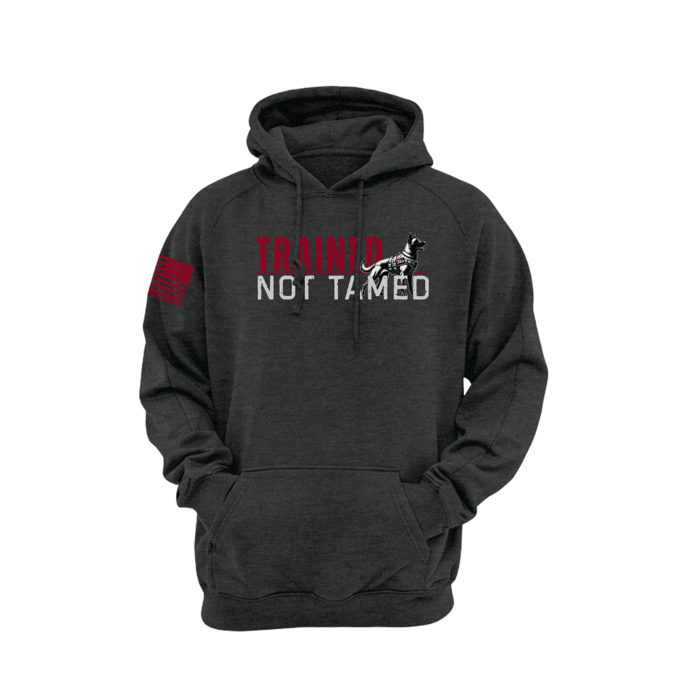 Trained Not Tamed Charcoal Heather pullover hoodie featuring the Trained Not Tamed design — heavyweight fleece, roomy hood, kangaroo pocket.
