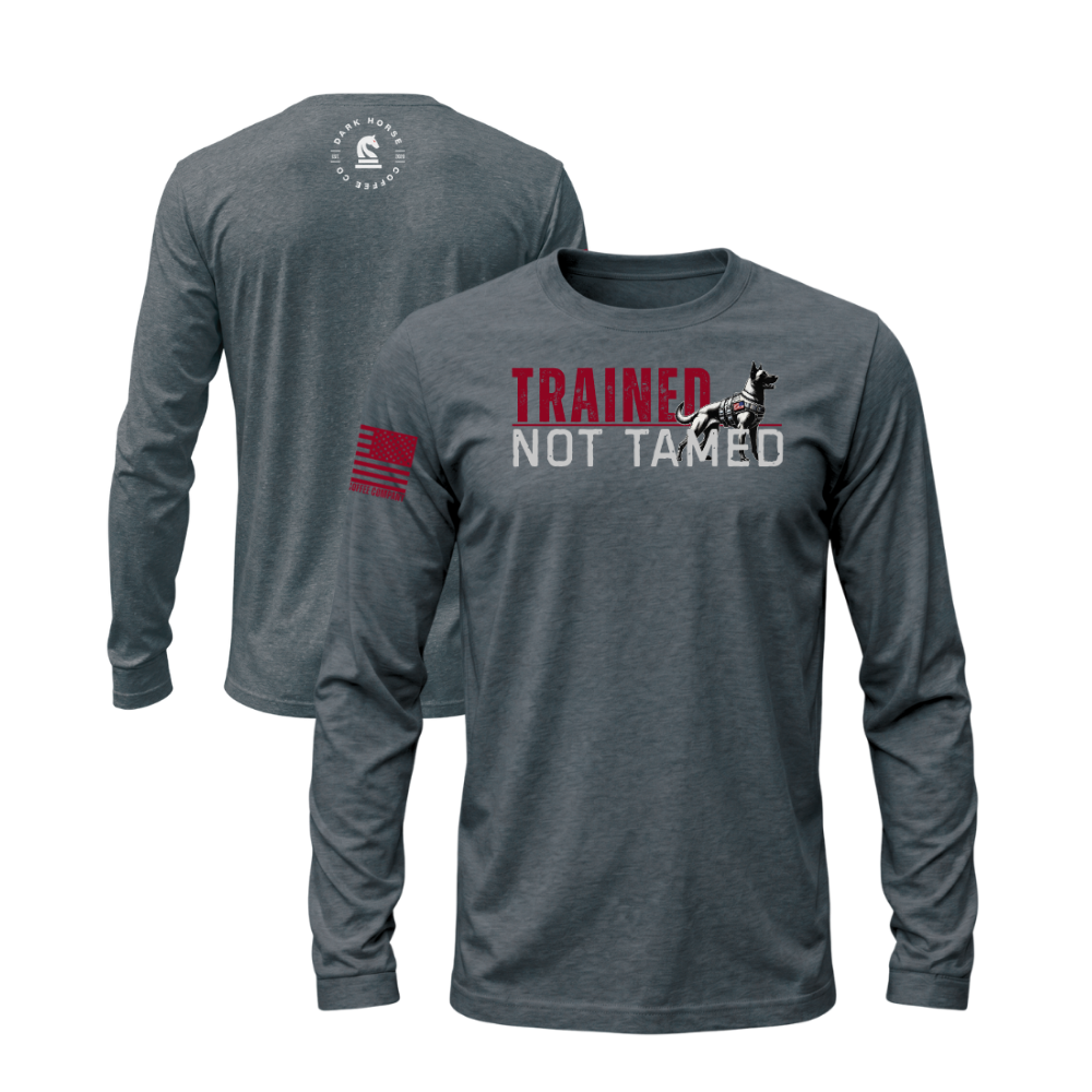 Trained Not Tamed Heather Metal long sleeve tee featuring the Trained Not Tamed design — built for cooler walks and layering.