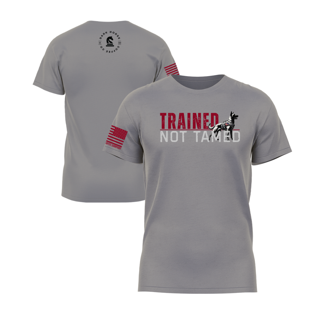 Trained Not Tamed Warm Grey short sleeve tee featuring the Trained Not Tamed design — a dog-lover statement piece for everyday wear.