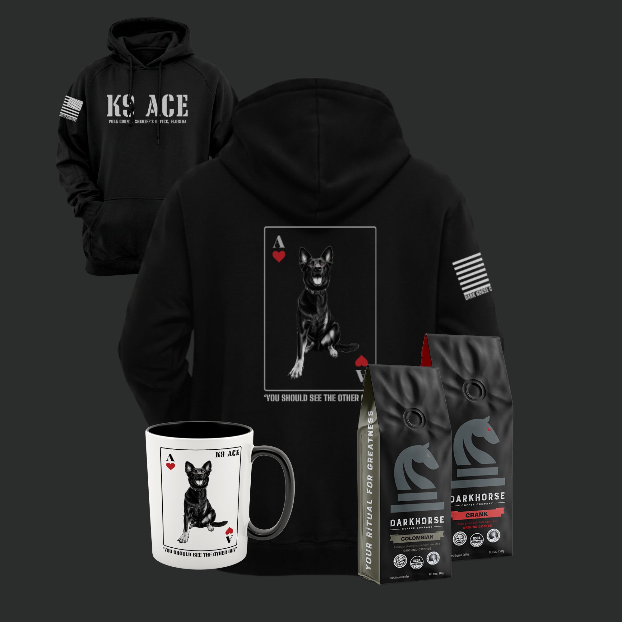 K9 ACE Other Guy Hoodie in Black, back and front, with 15oz ceramic mug and two 12oz bags of Dark Horse coffee - The Handler's Kit Coffee