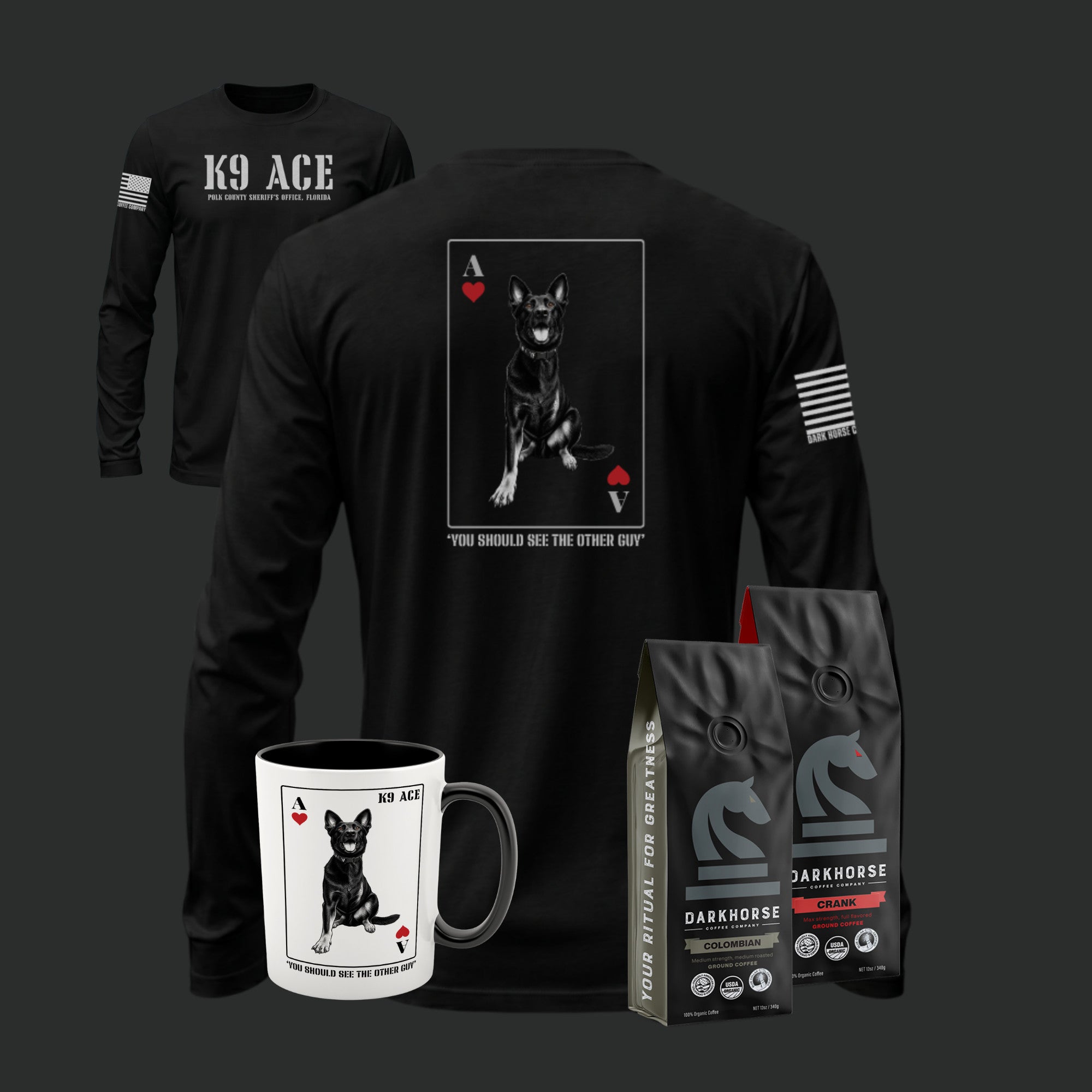 K9 ACE Other Guy Long Sleeve Tshirt in Black, back and front, with 15oz ceramic mug and two 12oz bags of Dark Horse coffee - The Handler's Kit Coffee