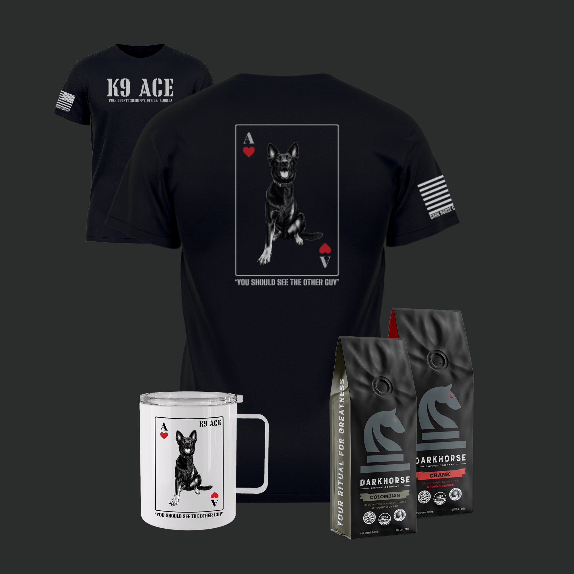K9 ACE Other Guy Tshirt in Black, back and front, with 12oz stainless steel mug and two 12oz bags of Dark Horse coffee - The Handler's Kit Coffee