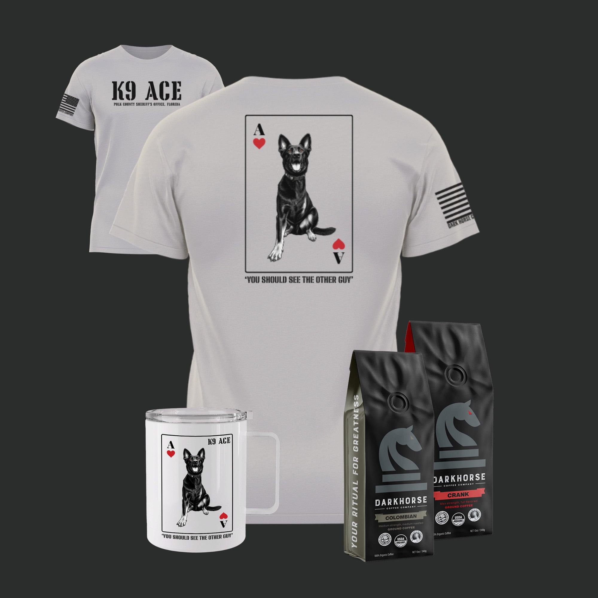 K9 ACE Other Guy Tshirt in Light Grey, back and front, with 12oz stainless steel mug and two 12oz bags of Dark Horse coffee - The Handler's Kit Coffee