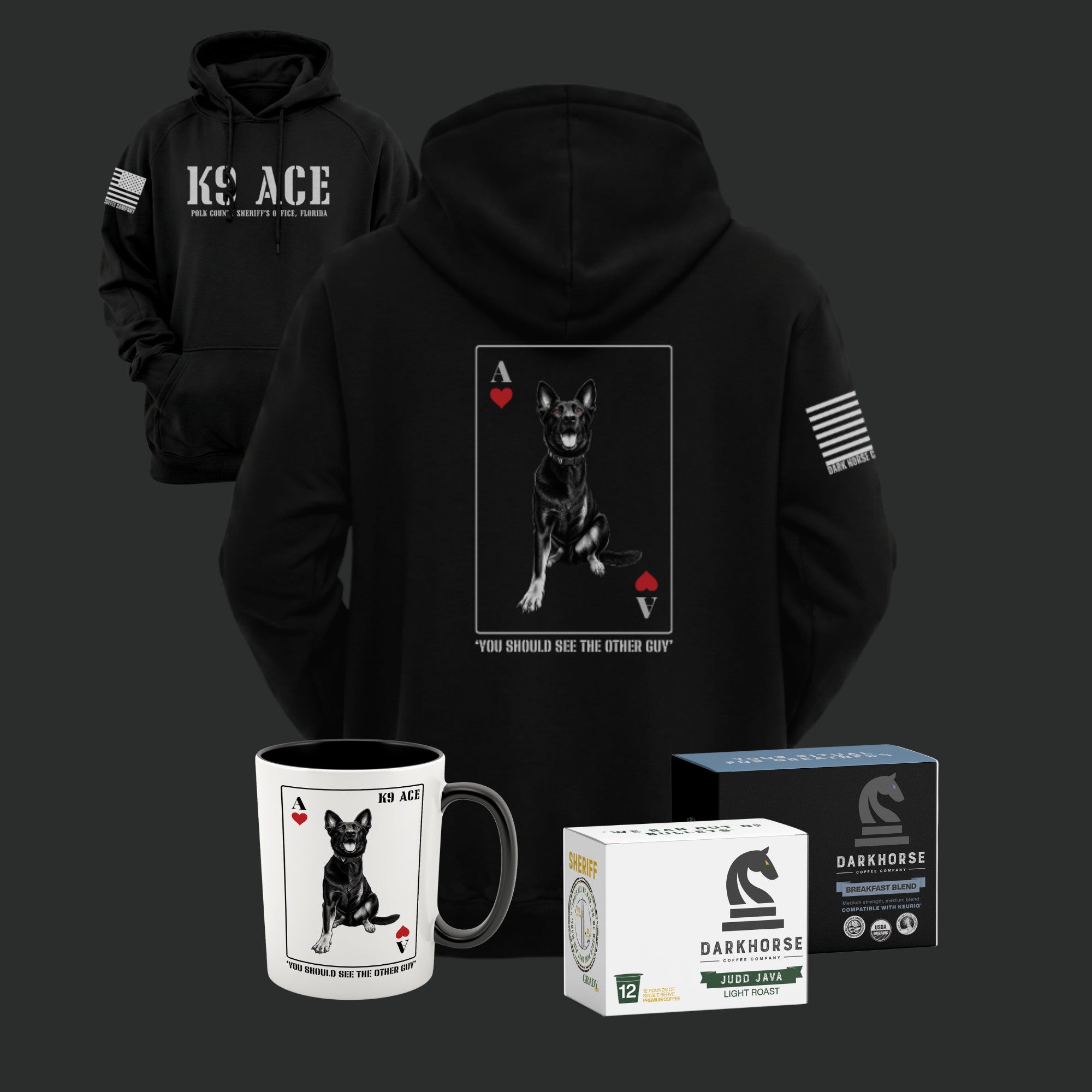 K9 ACE Other Guy Hoodie in Black, back and front, with 15oz ceramic mug and two 12-count boxes of Dark Horse Fuel Pods - The Handler's Kit Pod Bundle