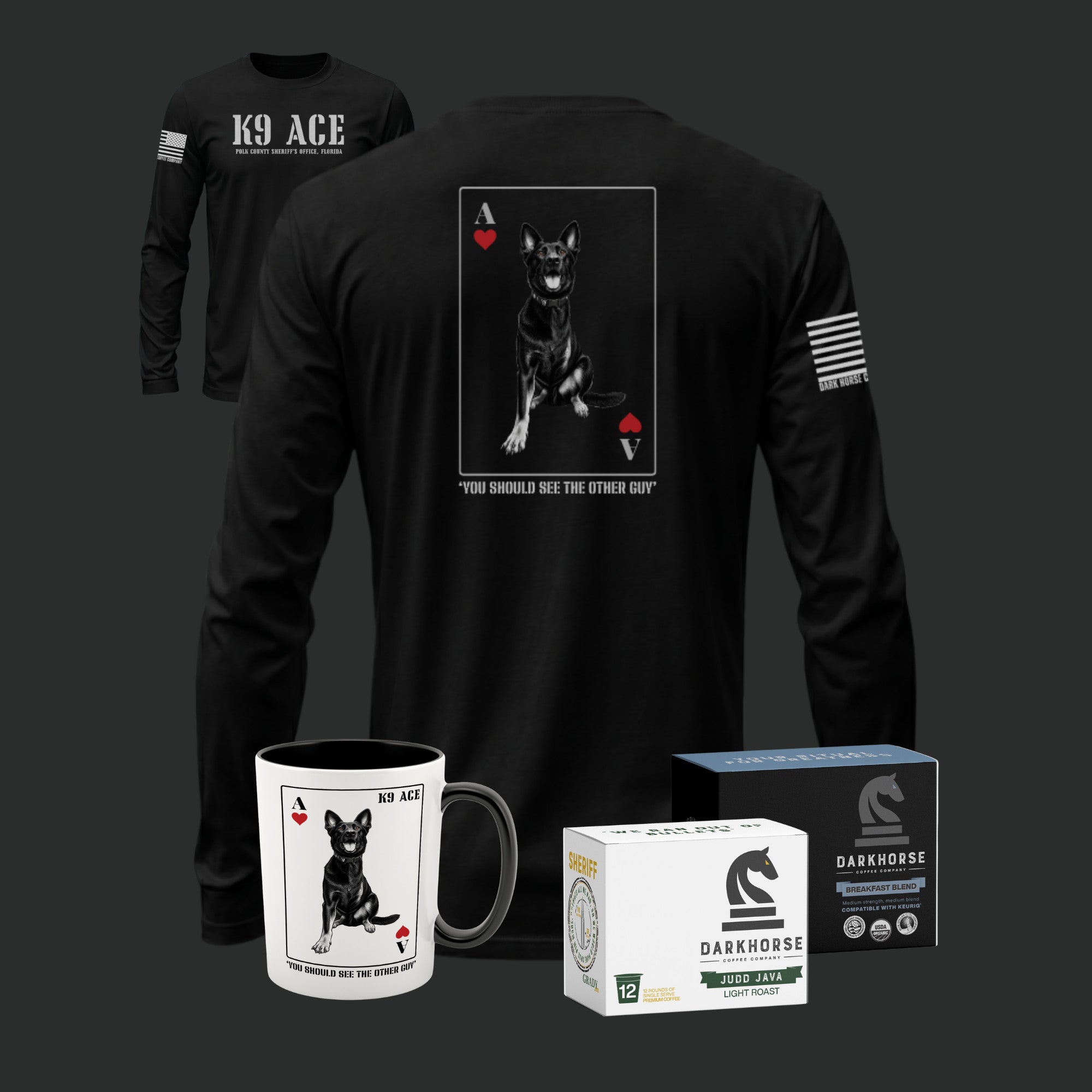 K9 ACE Other Guy Long Sleeve Tshirt in Black, back and front, with 15oz ceramic mug and two 12-count boxes of Dark Horse Fuel Pods - The Handler's Kit Pod Bundle