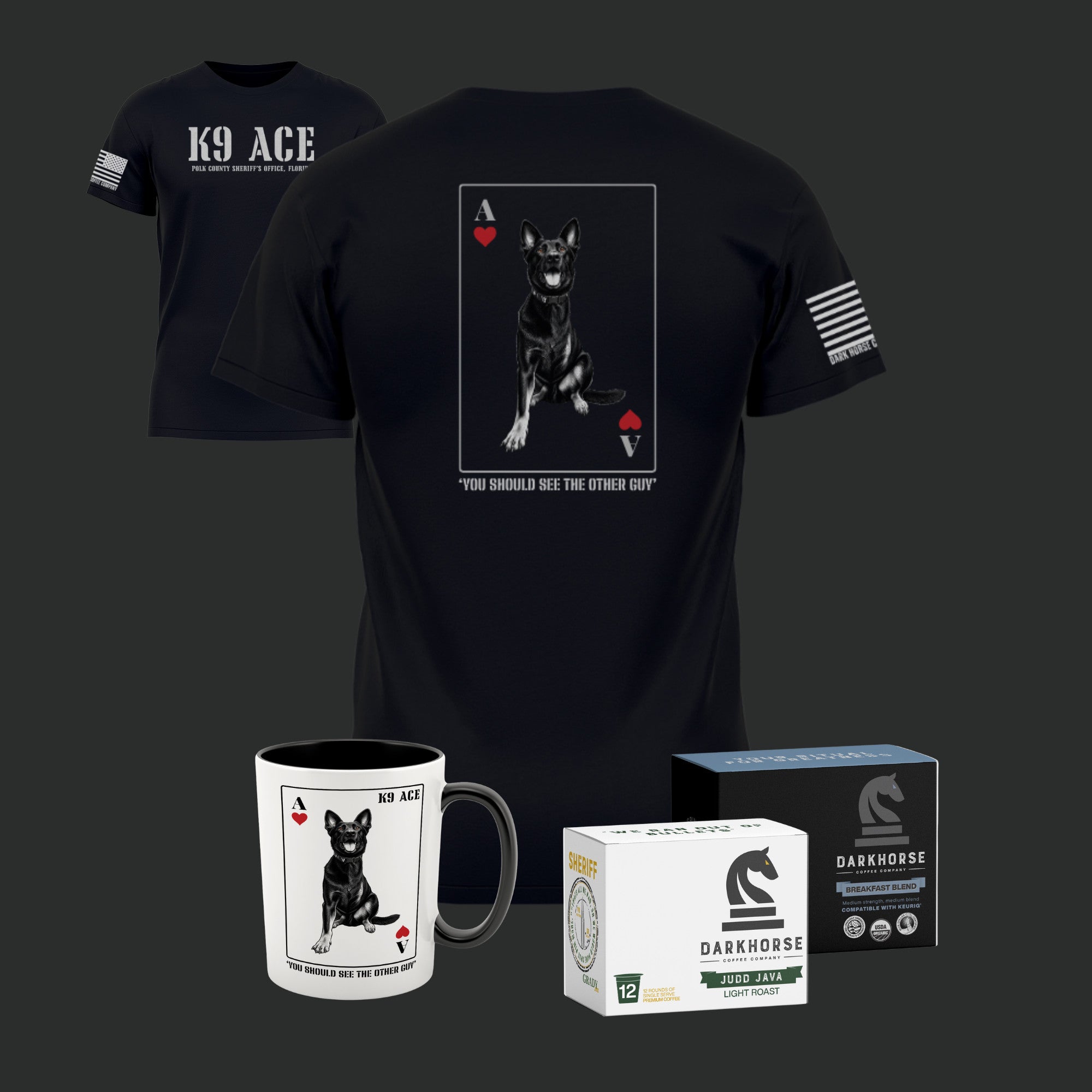 K9 ACE Other Guy Tshirt in Black, back and front, with 15oz ceramic mug and two 12-count boxes of Dark Horse Fuel Pods - The Handler's Kit Pod Bundle