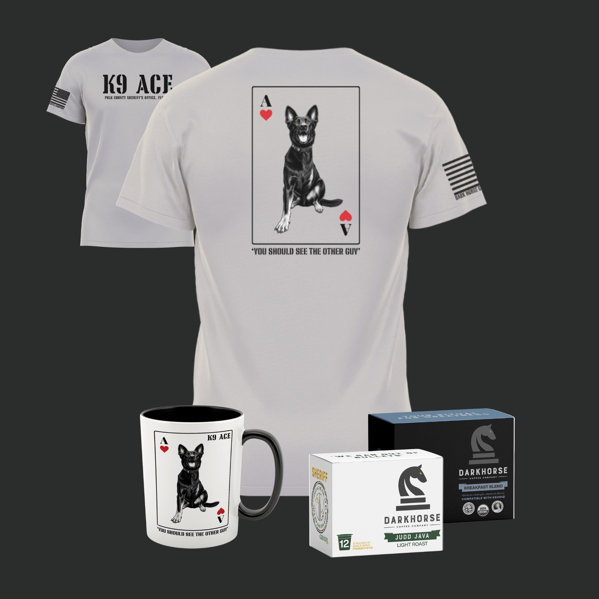 K9 ACE Other Guy Tshirt in Light Grey, back and front, with 15oz ceramic mug and two 12-count boxes of Dark Horse Fuel Pods - The Handler's Kit Pod Bundle