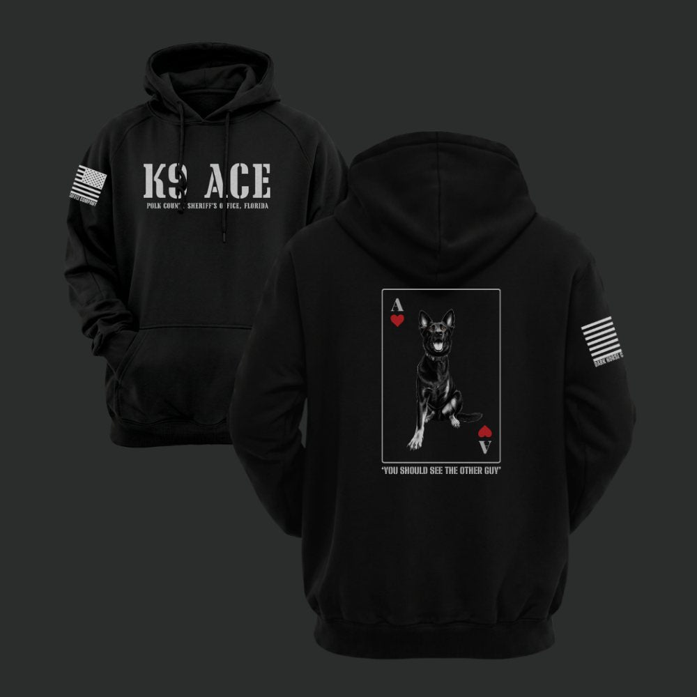 K9 ACE Other Guy hoodie in Black, front and back view