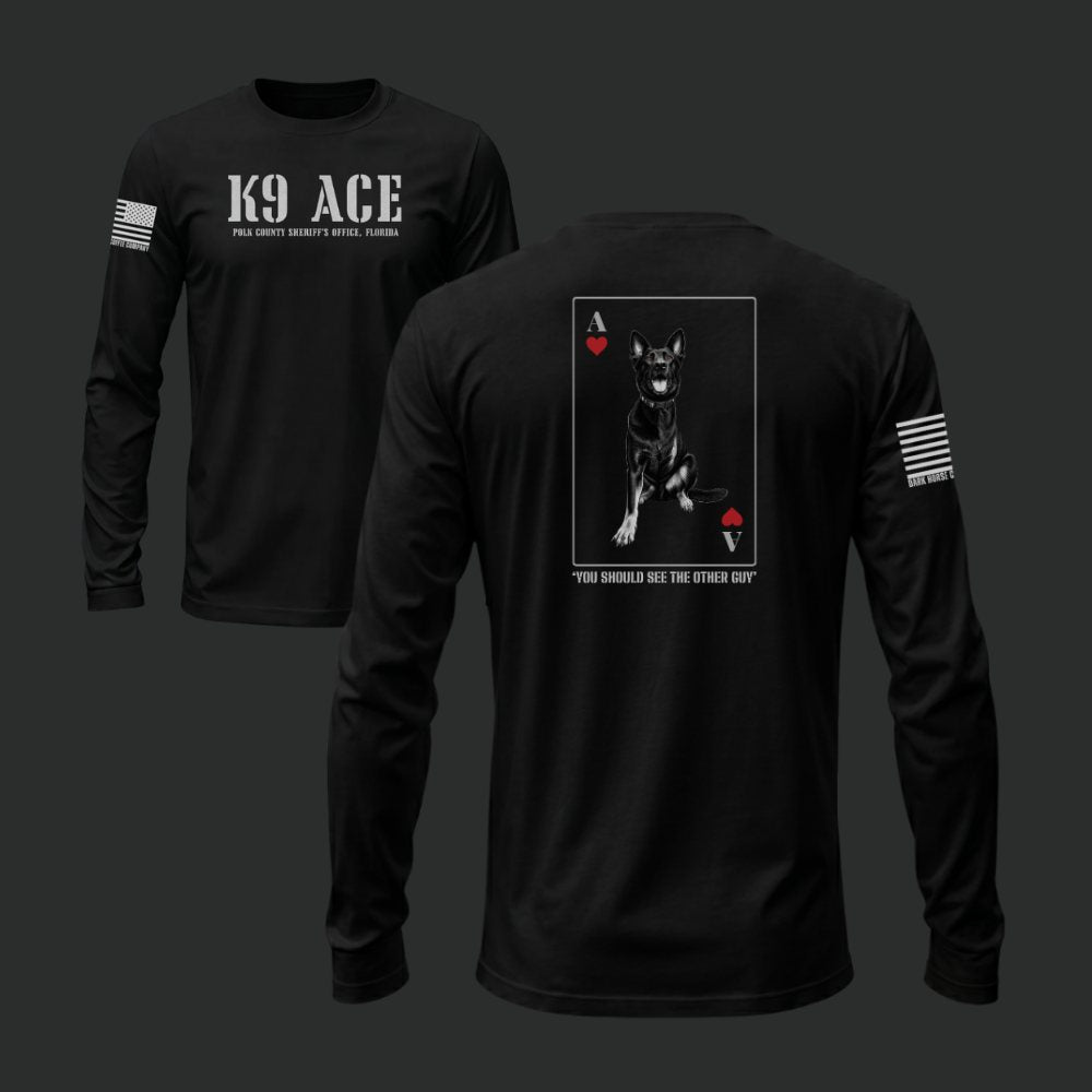 K9 ACE Other Guy long sleeve in Black, front and back view