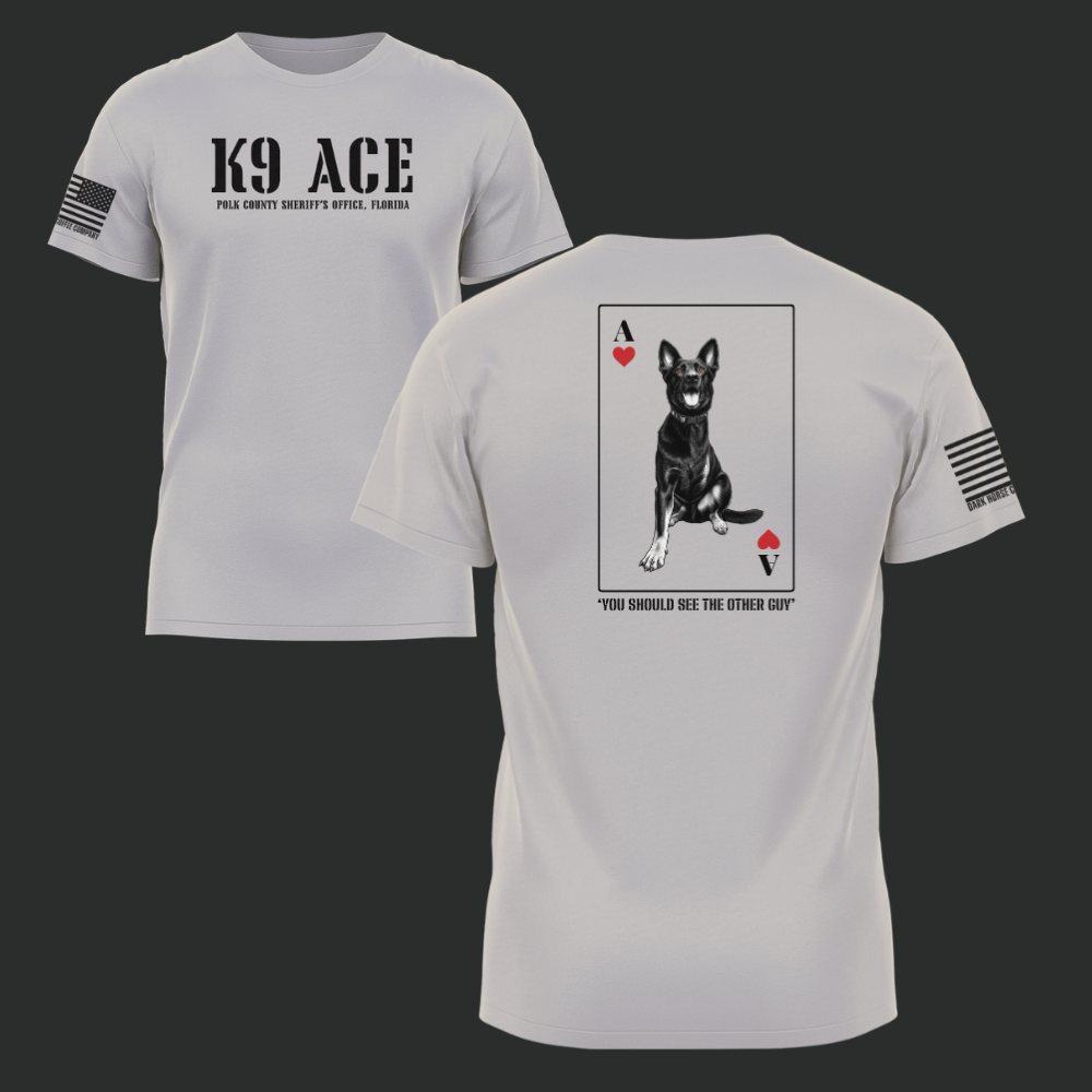K9 ACE Other Guy tee in Light Grey, front and back view